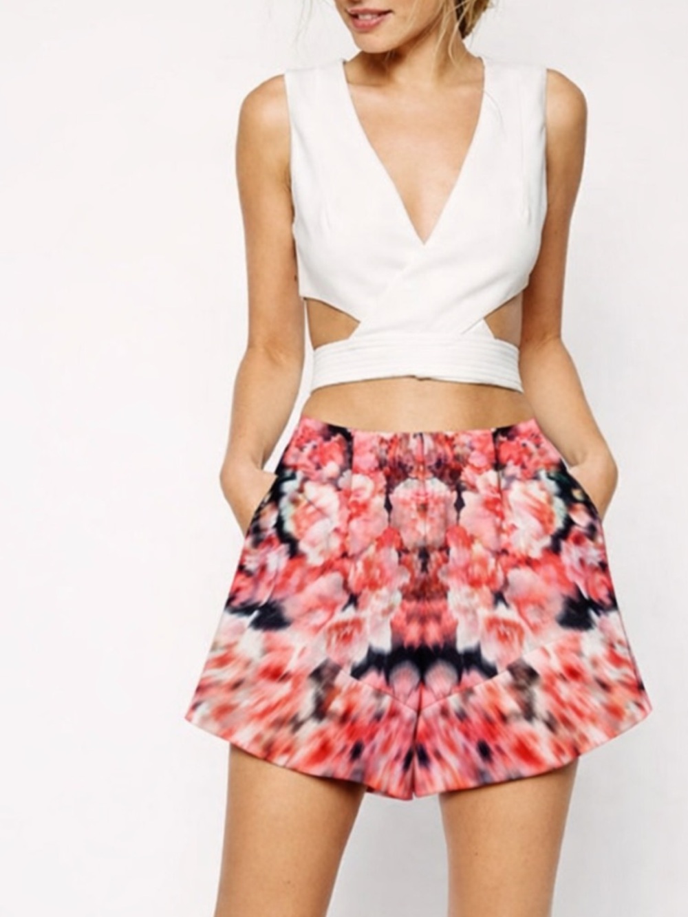 REVOLVE Finders Keepers Pink Floral High-Waist Ruffle Hem Shorts